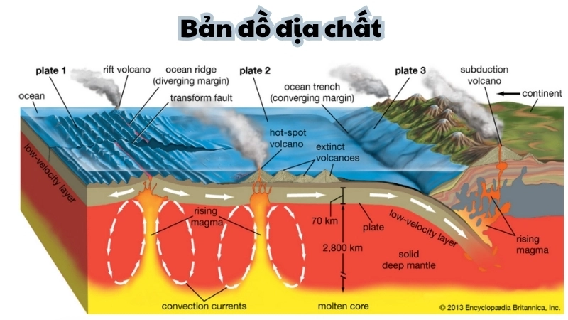 Bản đồ địa chất minh họa các mảng kiến tạo liên tục dịch chuyển, nguyên nhân chính gây ra động đất