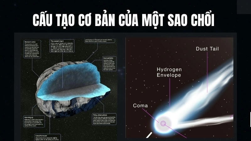 Cấu tạo cơ bản của một sao chổi, gồm hạt nhân, vầng hào quang và hai loại đuôi khác biệt