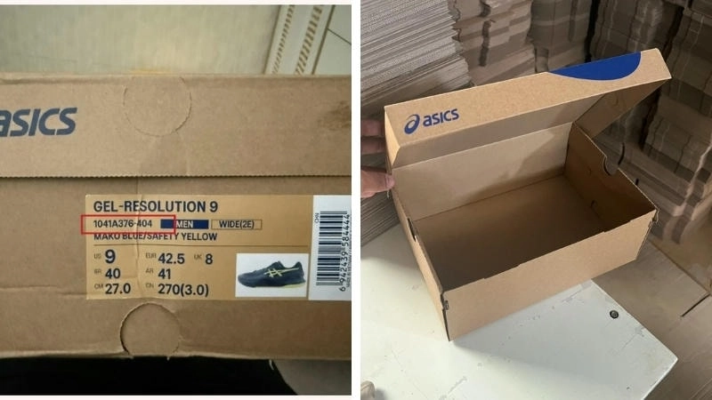 Hộp giày ASICS chính hãng có logo và thông tin in rõ nét 