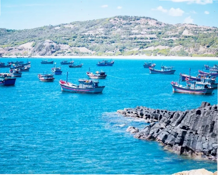 Bãi biển Nha Trang với cảnh quan thành phố sôi động và biển xanh trong
