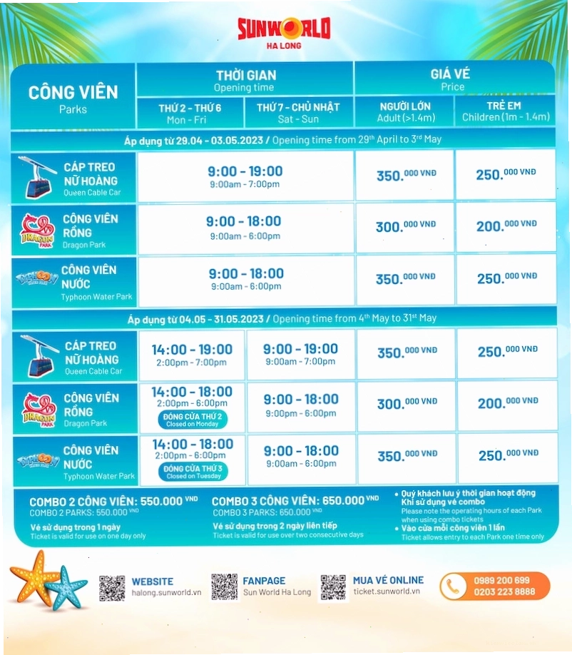 Bảng giá vé tham khảo cho các dịch vụ tại Công viên Rồng