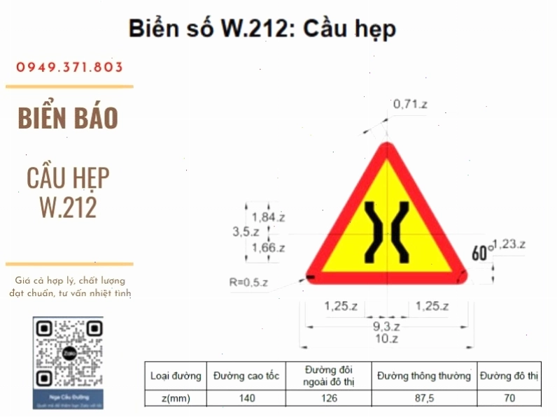 Biển báo cầu hẹp W.212 cảnh báo về giới hạn chiều rộng của cầu