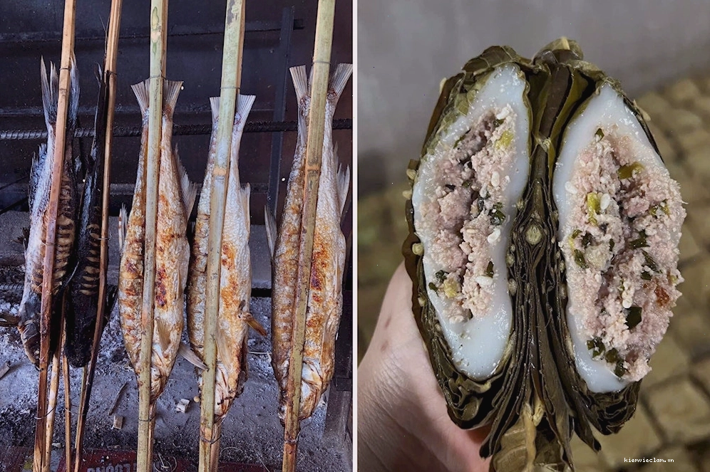 Bữa ăn dân dã gồm cá hồ nướng và bánh trứng kiến