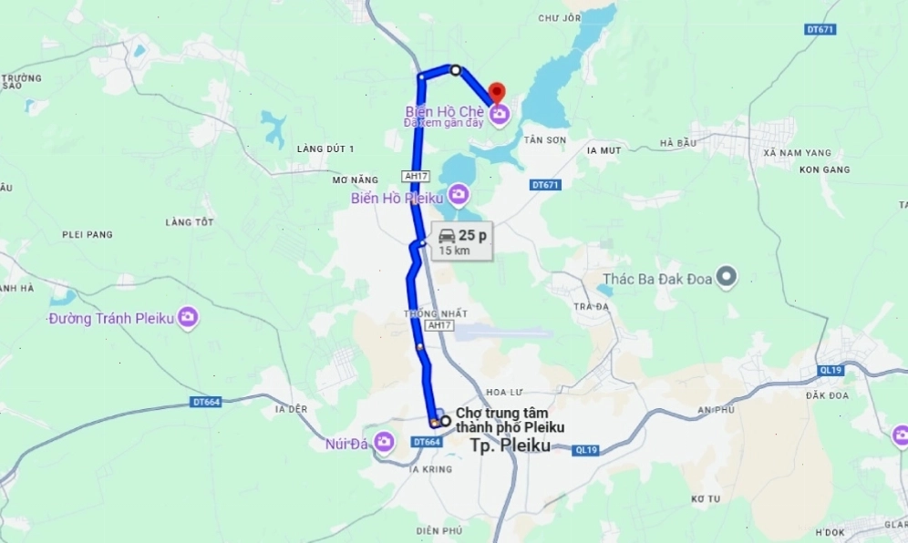 Con đường dẫn vào khu vực Biển Hồ Chè Gia Lai với hai bên là cây xanh