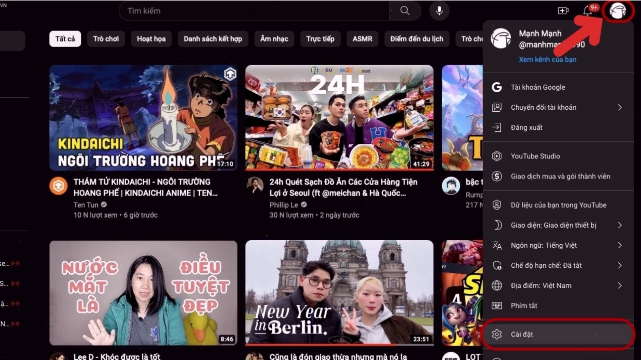 Giao diện cài đặt YouTube trên máy tính