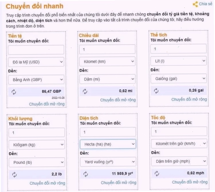 Giao diện một công cụ chuyển đổi đơn vị trực tuyến giúp quy đổi hecta
