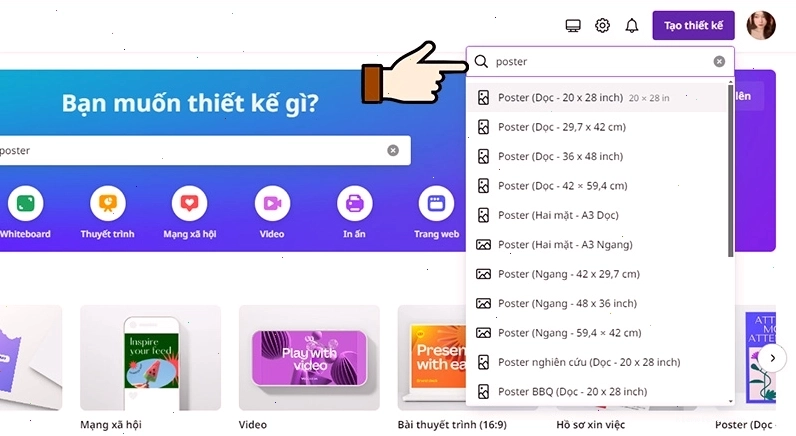 Gõ từ khóa Poster trên thanh tìm kiếm của Canva