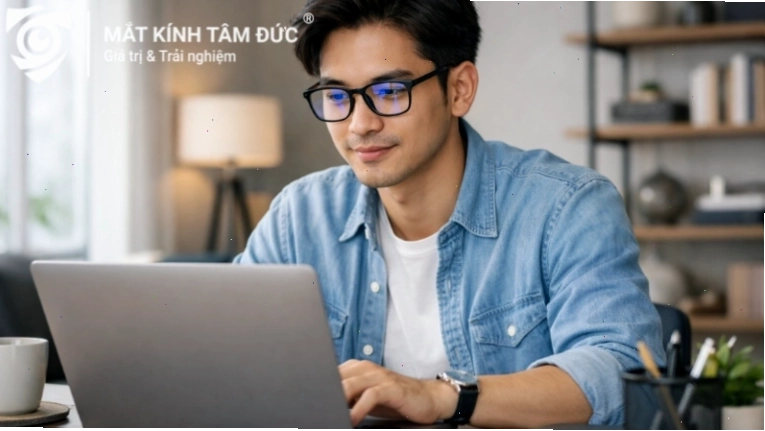 Người trẻ dùng laptop với kính chống ánh sáng xanh
