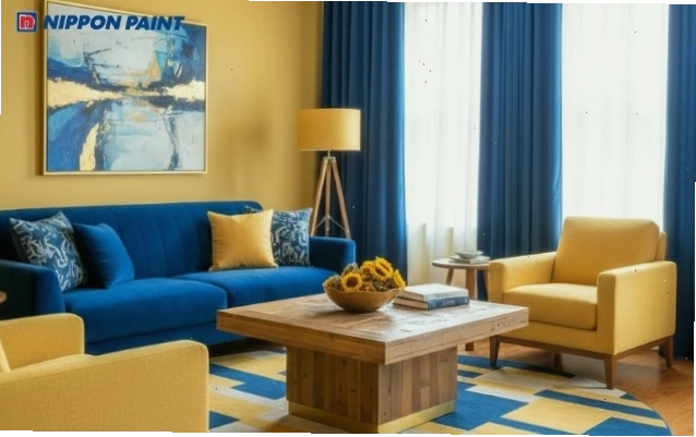 Phối màu xanh lam và vàng cho không gian ấm cúng