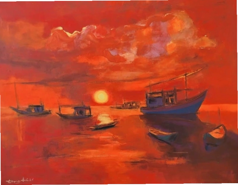 Tranh phong cảnh biển hoàng hôn lãng mạn với gam màu ấm áp