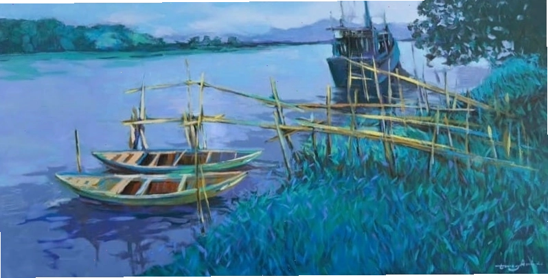 Tranh phong cảnh biển lặng của họa sĩ Vũ Trọng Anh gợi không gian đại dương yên bình